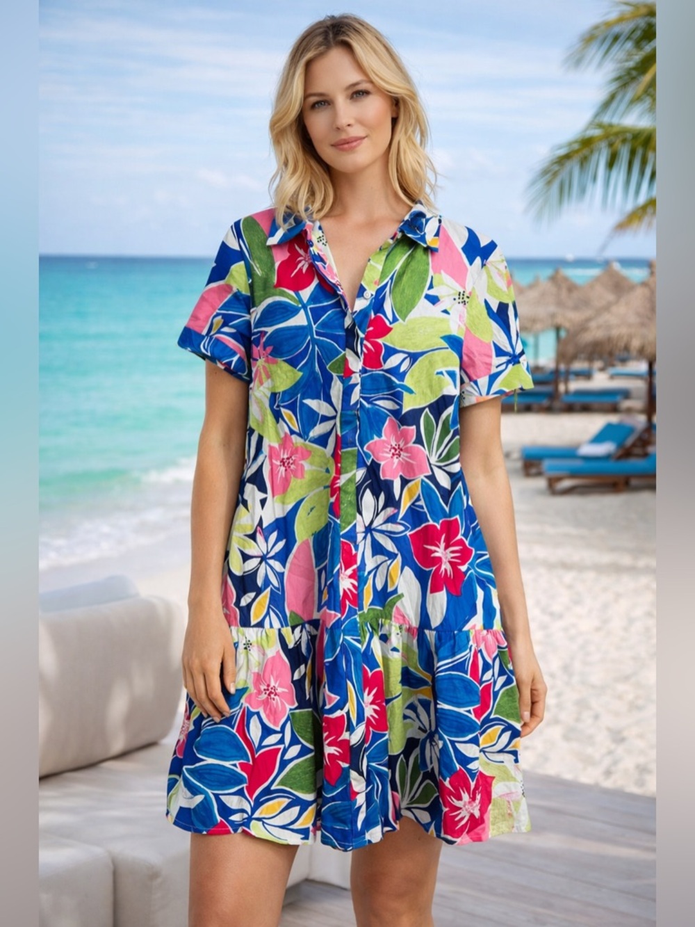 Donna Morgan NWT Sz 8 Vibrant Floral Ruffle Hem Poplin Shirtdress Colorful